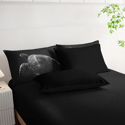 Black Sea Turtle Comforter Set,Sea Turtle Bedding Set 7 Piece in A Bag,Beach Themed Bedroom Comforter Set King Size for Kids Teen Girls Boys Room Decor Microfiber Lightweight All Season