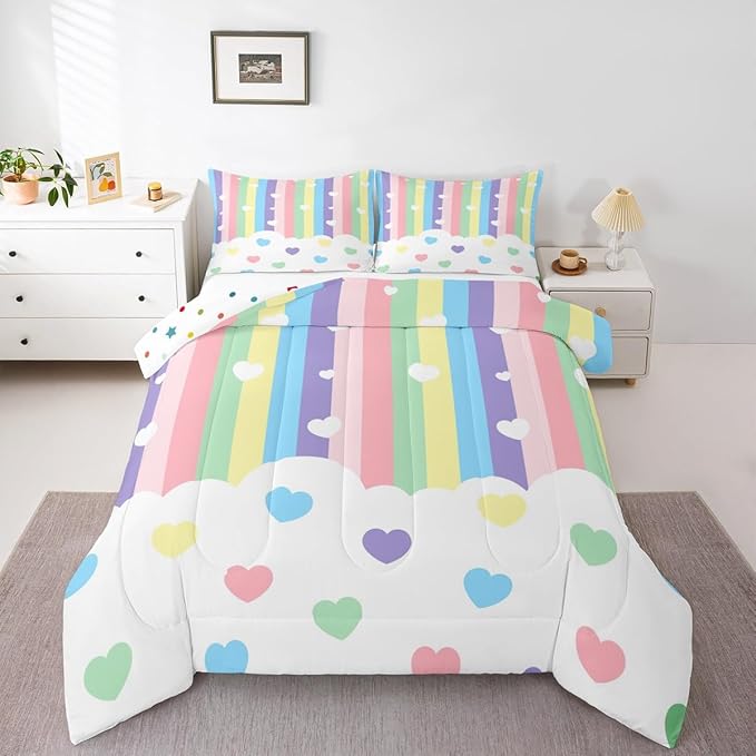 Erosebridal Love Heart Down Comforter Full Size,Cartoon Rainbow Comforter Set for Kids Teens Boys Girls, Kawaii Decor Quilt for All Season, Stripes Quilt, Colorful