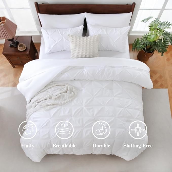 Sheet&Joy King Size Comforter Set, 7-Piece Bed in a Bag, Pintuck Bedding Set for All Season, Includes Comforter, Flat Sheet, Fitted Sheet, Pillowcases and Pillowshams, White