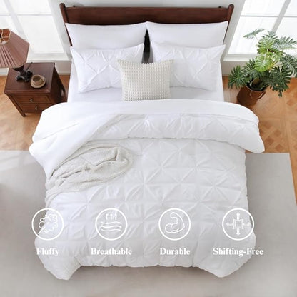 Sheet&Joy Queen Comforter Set, 7-Piece Bed in a Bag, Pintuck Bedding Sets for All Season, Includes Comforter, Flat Sheet, Fitted Sheet, Pillowcases and Pillowshams, White