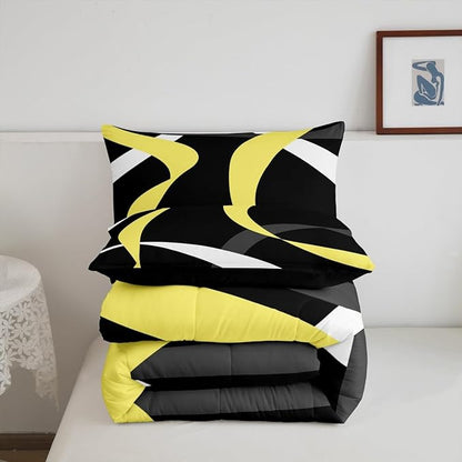 Erosebridal Gray Black Gold Bedding Comforter Sets Grey White Striped Abstract Bedding Set King for Kids Adults Geometric Stripes Down Comforter Modern Fashion Quilt Duvet 3 Pcs