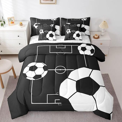 Erosebridal Soccer Ball 7 Piece Bedding Set Queen Boys Sports Comforter Set with Sheets Football Playground Pattern Bed in a Bag Black White Football Court for Kids Boys Girls