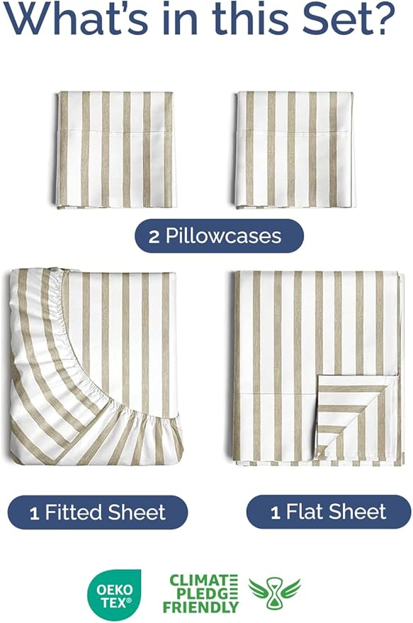 Extra Deep Twin XL Sheet Set - 4 Piece Breathable and Cooling Sheets - Hotel Luxury Bedding for Women, Men, Kids & Teens - Easy Secure Fit - Soft & Wrinkle Free - Extra Deep Pockets - Beige Stripes