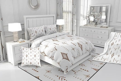 Feelyou Bull Skull Western Comforter Set Boho Ethnic Horns Bedding Set King Size for Kids Adult Brown White Tribal Symbol Mysterious Aztec Comforter