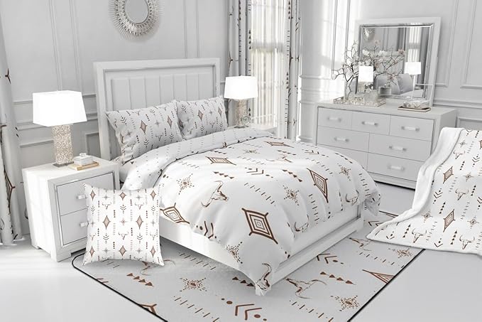 Feelyou Bull Skull Western Comforter Set Boho Ethnic Horns Bedding Set Queen Size for Kids Adult Brown White Tribal Symbol Mysterious Aztec Comforter