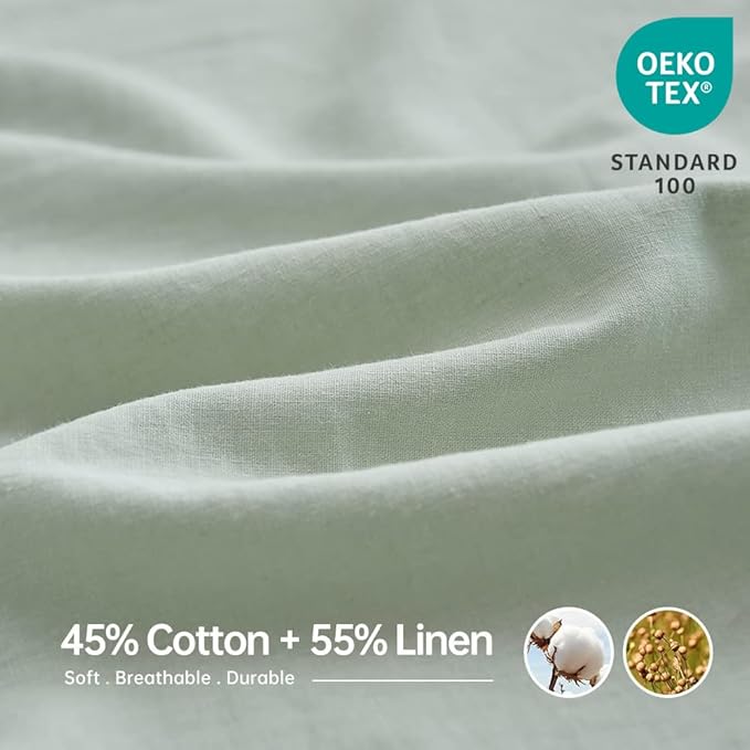 Simple&Opulence Belgian Linen Sheet Set Solid Color - 4 Pieces (1 Flat Sheet, 1 Fitted Sheet & 2 Pillowcases) Natural Flax Cotton Blend Soft Breathable Farmhouse Bedding - Queen Size, Mint Green