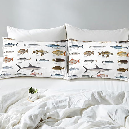 Erosebridal Bass Fish King Comforter Set for Boys Girls Farmhouse Fishing and Hunting Theme Bedding Set, Big Pike Fish Pattern Duvet Insert Fishing Lures Hook Quilt Bed Set Rustic Bedroom Decor