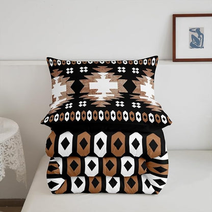 Feelyou Boho Comforter Set Toddler Size Southwest Native American Design Comforter Southwestern Geometric Bedding Set Western Decor Duvet Set Brown Balck Quilt Set