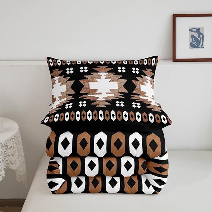 Feelyou Boho Comforter Set Twin Size Southwest Native American Design Comforter Southwestern Geometric Bedding Set Western Decor Duvet Set Room Decor Brown Balck Quilt Set