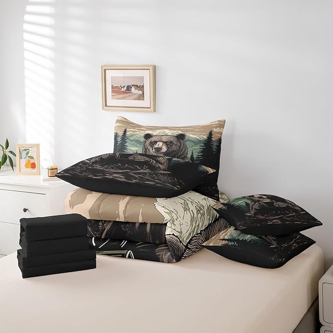 Erosebridal Funny Bear Comforter Sets with Sheets, Brown Bear Drinking Coffee Bedding Set King for Boys Girls Rustic Wildlife 7Pcs Bed in A Bag Watercolor Wooden Animal Theme Bed Set