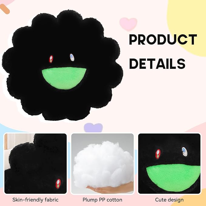 Flower Pillow,Flower Shaped Throw Pillow,Cute Smiley Face Floor Cushions,Colorful Sunflower Plush Pillows,Cute Plushie Room Decor,Valentines Day Decorative Pillows for Bedroom,Sofa,Dorm (Black,23.6In)