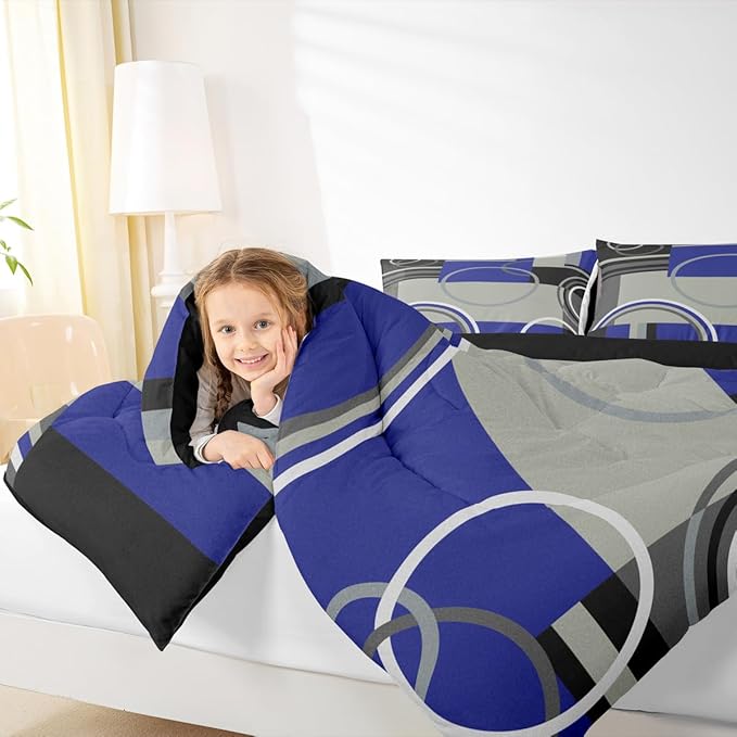 Erosebridal Dark Blue Black Gray Comforter Set Twin Modern Swirls Striped Bedding Set Abstract Circles Rings Duvet Set Geometric Plaid Comforter Gromment Spiral Graphic Art Down Comforter Room Decor