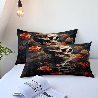 Gothic Skull Comforter Set Full Size, Orange Rose Floral Bedding Set for Hippie Horror Bedroom Decor 3 Pieces Soft Fluffy Microfiber Bed Set with 2 Pillowcases, 79"x90"