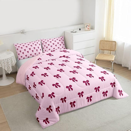 Erosebridal Pink Bow Bedding Set Queen Size Coquette Bows Comforter Set for Kids Teen Girls Women Bedroom Cute Preppy Bowknot Quilt Duvet Modern Trendy Girly Aesthetic Comforter
