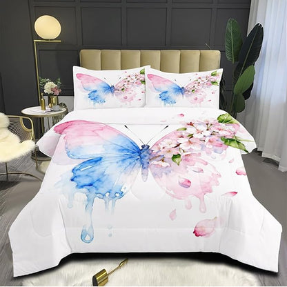 Butterfly Comforter Set Queen 3 Pieces Blue Pink Butterfly Bedding Set for Kids Teens Butterflies Cherry Blossom Comforter with 2 Pillowcases,White Super Soft Microfiber All Season