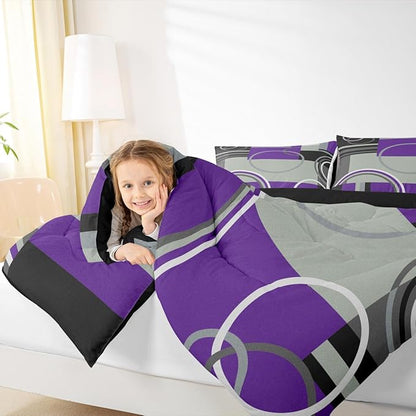 Abstract Swirls Comforter Set Twin Modern Purple Black Grey Bedding Circles Stripes Quilt Set Geometric Square Duvet Insert Curved Lines Down Comforter Modern Texture Bedding Comforter Sets