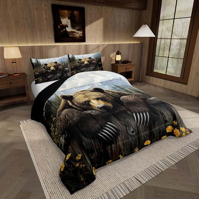 Feelyou Kids Bear Comforter Set Twin Size Rustic Cabin Country Bedding Set for Boys Girls Wood Farmhouse Comforter Adult Duvet Set,1 Comforter+ 1 Pillow Shams,Brown Blue Yellow