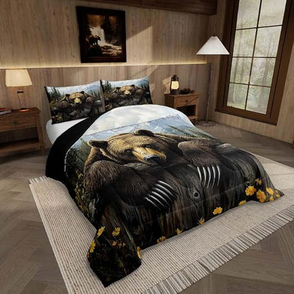 Feelyou Kids Bear Comforter Set Twin Size Rustic Cabin Country Bedding Set for Boys Girls Wood Farmhouse Comforter Adult Duvet Set,1 Comforter+ 1 Pillow Shams,Brown Blue Yellow