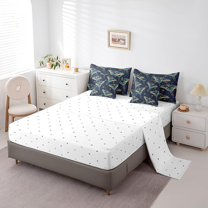 Erosebridal Bohemian Moth Bed in a Bag King Size Comforter Set 7 Pieces,Sun and Moon Bedding Sets Stars Galaxy Sheet Set with Comforter