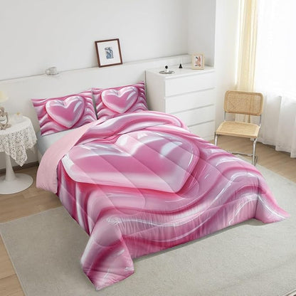 Erosebridal 3D Love Heart Bedding Set Toddler Size, Kawaii Decor Down Comforter for Kids Teens Girls Women Room, Pink Girly Comforter Set, Abstract Quilt, Soft Microfiber Decor