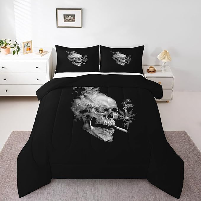 Erosebridal Smoky Skull Comforter Set Full,Gray Leaves Bedding for Kids Teens Adult,Gothic Skeleton Down Comforter, Plant Tropical Botanical Bedding Comforter Sets,Luxury Soft
