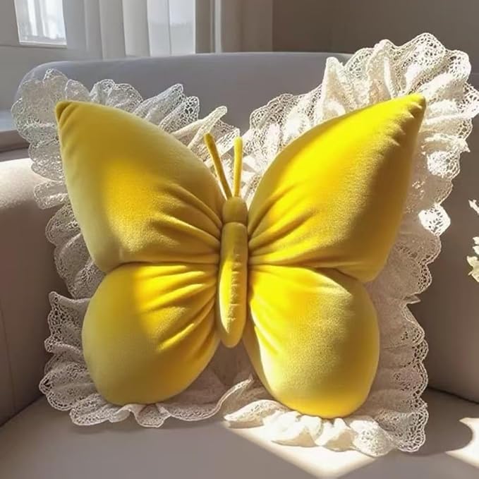 Butterfly Throw Pillow, Butterfly Shaped Decorative Pillow for Sofa Couch Bed, Plush Velvet Lumbar Support Cushion for Office Chair & Car Seat (Yellow)