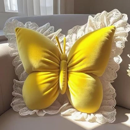 Butterfly Throw Pillow,21.6 inch Velvet Butterfly Decorative Pillow with Lace Trim,Animal Pillow for Couch Living Room Bed,Home Garden Decor (Yellow)