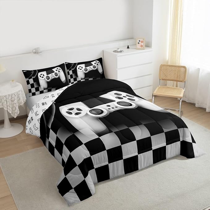 Erosebridal Gamer Comforter Set King,Gaming Bedding Set for Kids Teens,Black and Grey Buffalo Plaid Reversible Duvet Insert,Novelty Gamepad Pattern Down Comforter with 2 Pillow Shams Lightweight