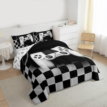 Gampad Comforter Set Queen Size,Gamer Lover Bedding Set Gift for Boys Youth,Video Game Reversible Quilted Duvet Soft Warm Game Room Decor,Black Buffalo Plaid Check Duvet Insert + 2 Pillowcases