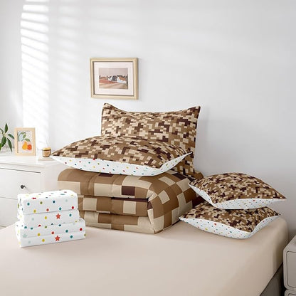 Brown Grid 7Pcs Comforter Set Queen Size for Kids Boys,Sandbox Pixelated Themed Fitted Flat Sheet Teens Men Gamer Room Decor,Miner Style Checked Bedding Set Desert Style 2 Throw Pillow,2 Pillowcases