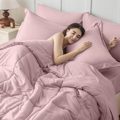 JOLLYVOGUE Queen Comforter Set, Ultra-Soft Bed in a Bag Queen Size 7 Pieces, Oeko-TEX Certified Bedding Set with Down Alternative Comforter, Sheets, Pillowcases & Shams, Camio Pink