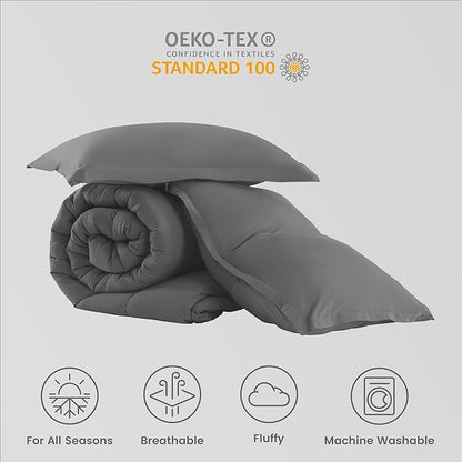 SLEEP ZONE Full Size Comforter Set Duvet Insert, Down Alternative Reversible Comforter, Lightweight, Soft and Breathable Bedding All Season, Square Quilting Grey