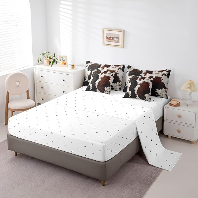 Erosebridal Highland Cow Print Bed in a Bag 7 Pieces Cow Fur Printed Bedding Set, Brown and White Full Size Comforter Set Milk Cow Bedding Comforter Sets, Farm Animal Faux Skin Bed Set