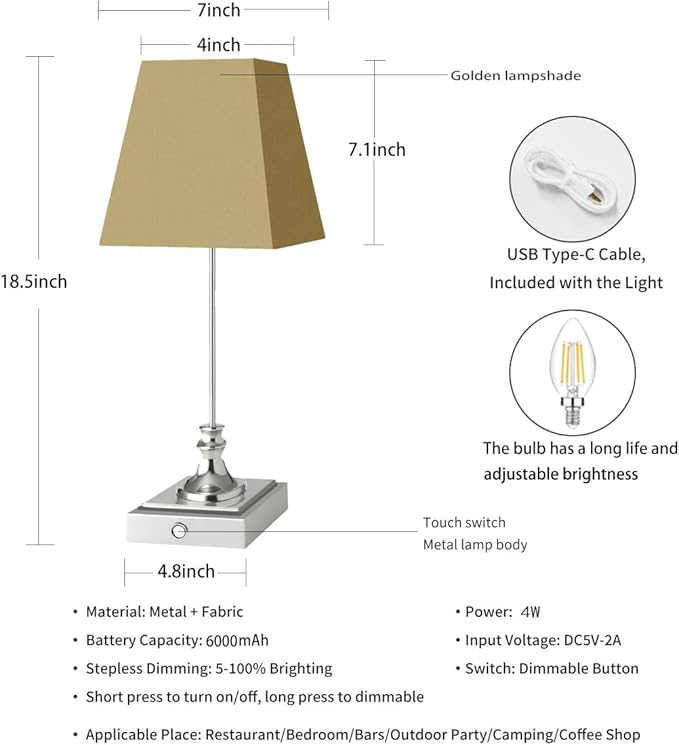 Rechargeable LED Table Lamps with Stepless Touch Control,Light Sliver Cordless Lamp for Living Room&Bedside&Patio&Shower,Small Desk Lamp(6000mAH Battery),1 Pack for Home Decor,Best Gifts for Family