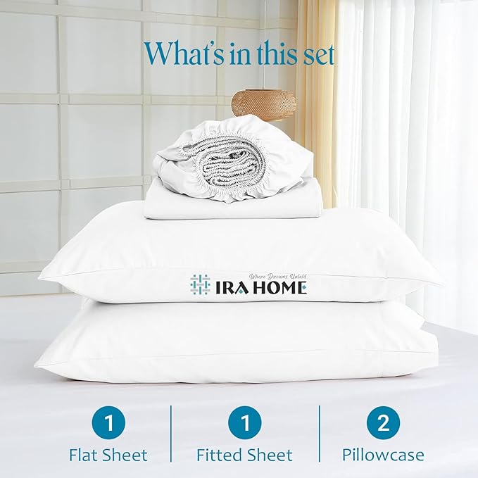 100% Egyptian Cotton Queen Size Bed Sheets, 600 Thread Count Luxury Bedding Set, Long Staple Cotton, 4 Piece Set - 1 Fitted Sheet, 1 Flat Sheet & 2 Pillowcases, Fits Upto 16" Mattress - White