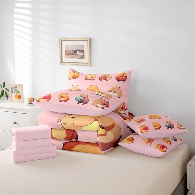 Erosebridal Funny Capybaras 7 Pieces Bedding Set Queen,Capybara Lover Bed in a Bag,Cartoon Rodents Bed Set Includes Comforter,Sheet Set,Pillowcases & Pillow Covers,Pink Khaki Capybara Bedroom Decor