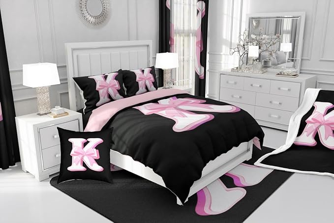 jejeloiu Kids Girls Black Pink Bow Comforter Set with Sheets King Size Monogrammed 7 Piece Bedding Set Personalized Initial K Bed in a Bag with Comforter,Sheets,Pillowcases Modern Fashion Bed Set