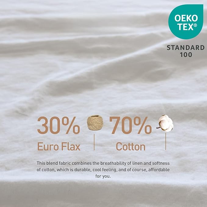Simple&Opulence Belgian Linen Sheet Set Solid Color - 6 Pieces (1 Flat Sheet & 1 Fitted Sheet & 4 Pillowcases) 16" Deep Pocket Natural Flax Cotton Blended Soft Bedding - White, Queen Size