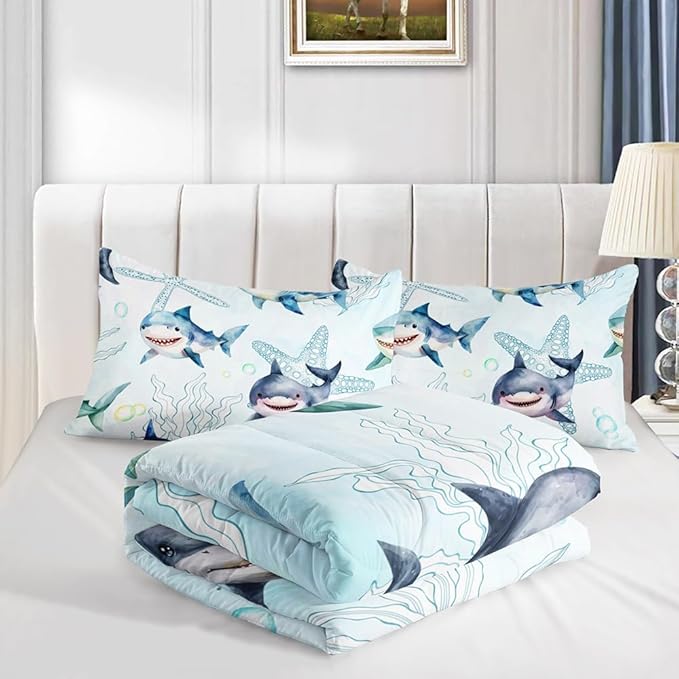 Boys Blue Ocean Shark Comforter Set Full Size Shark Starfish Bedding Sets Seaweed Quilt Bed Set for Kid Girls with 1 Comforter and 2 Pillowcases