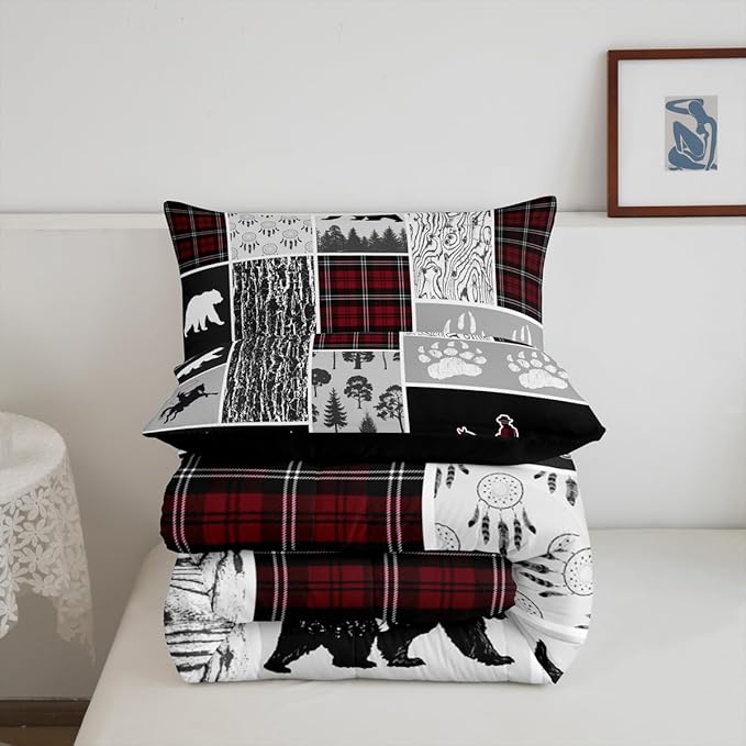 Erosebridal Western Cowboy Comforter Set King,Rustic Farmhouse Bedding Set Western Bedroom Decor,Hunting Bear Horse Duvet Insert,Dream Catcher Arrow Wildlife Print Quilt Buffalo Plaid Decor,Red