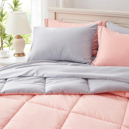 Anluoer King Size Bed in a Bag 7 Pieces, Pink Bed Comforter Set with Sheets, All Season Bedding Sets with 1 Comforter, 2 Pillow Shams, 2 Pillowcases, 1 Flat Sheet, 1 Fitted Sheet