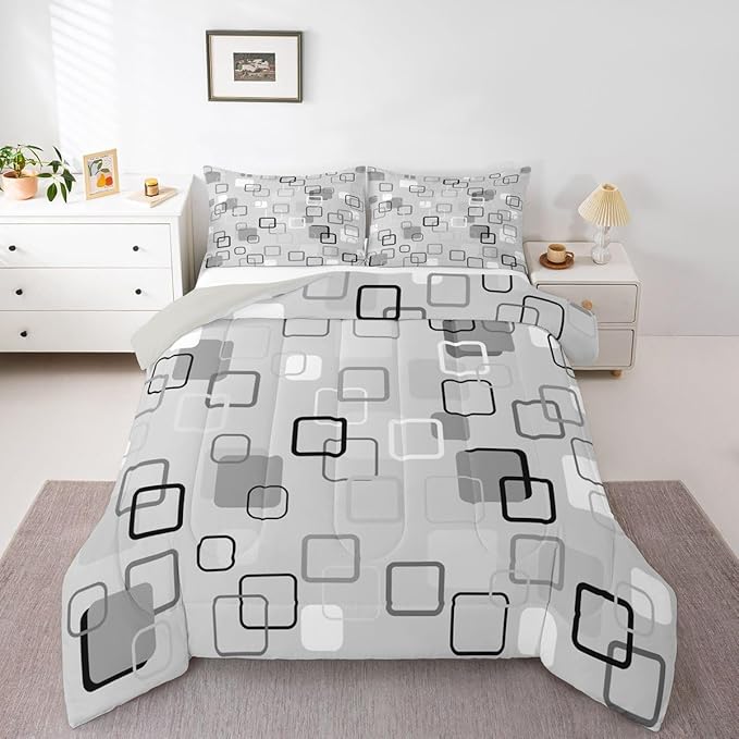 Erosebridal Gray Abstract Squares Bedding Set Full Modern Aesthetic Geometric Comforter Set for Kids Girls Boys Minimalist Striped Down Comforter Boho Neutral Plaid Quilt Duvet