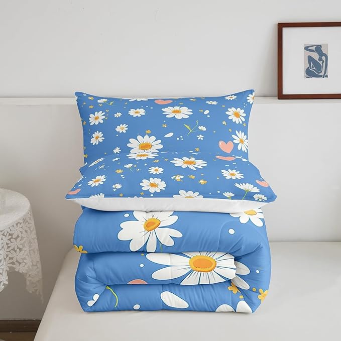 Manfei Cute Daisy Comforter Set King Size, White Flower Floral Bedding Set 3pcs for Kids Boys Girls Bedroom Decor, Botanical Garden Artwork Quilt Set Polyester Duvet Set with 2 Pillowcases