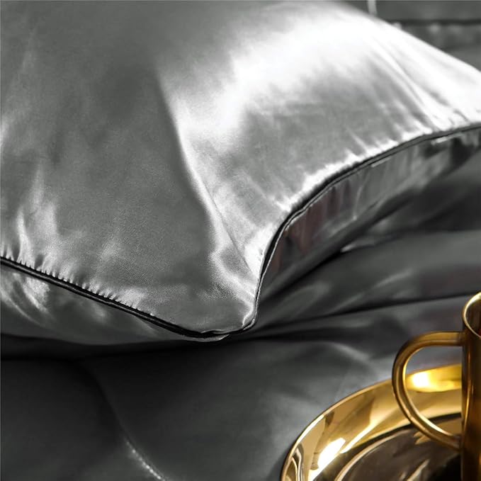 NTBED Silky Satin Comforter Set Queen Silver, Luxury Soft Microfiber Bedding Lightweight Sexy Wave Quilted Blanket Set with 2 Pillow Covers for Summer Spring Autumn
