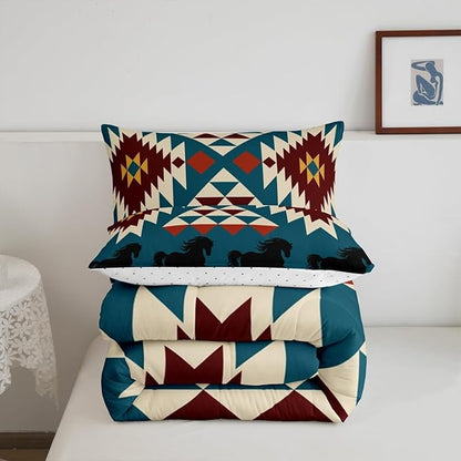 Erosebridal Western Quilt Horse Comforter Set,Boho Bedding Sets Full Duvet Insert,Western Home Decor Rustic Farmhouse Bedroom,Geometric Aztec Full Native American Decor,Red Blue