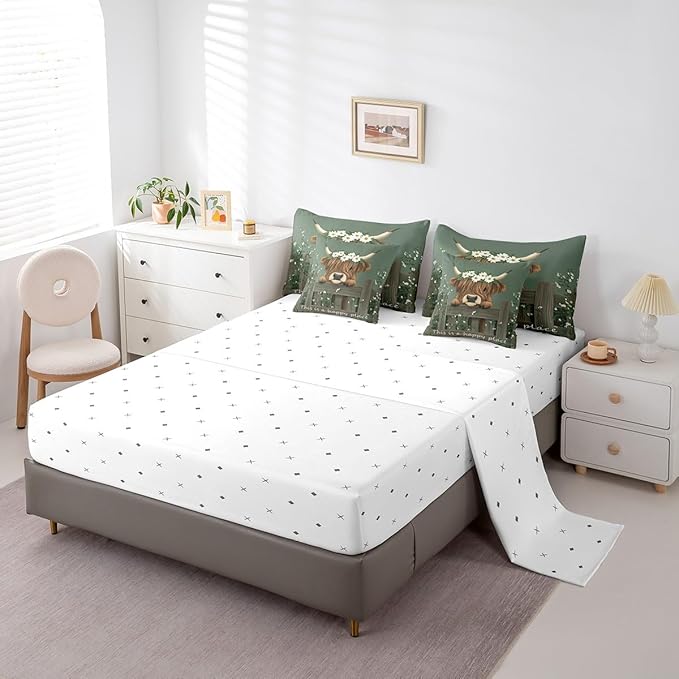 Erosebridal 7Pcs Farmhouse Highland Cow Full Bedding Sets for Boys Kids Rustic Funny Animal Bed Set, Cute Brown Cow Comforter + Flat Sheet + Fitted Sheet + 2 Pillowcases + 2 Throw Pillow Covers