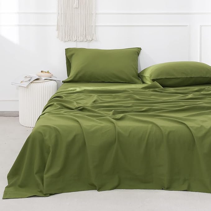 Simple&Opulence Belgian Linen Sheet Set Solid Color - 3 Pieces (1 Flat Sheet, 1 Fitted Sheet & 1 Pillowcase) Natural Flax Cotton Blend Soft Breathable Farmhouse Bedding - Twin Size, Forest