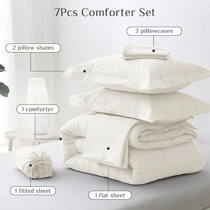JOLLYVOGUE Queen Comforter Set, Ultra-Soft Bed in a Bag Queen Size 7 Pieces, Oeko-TEX Certified Bedding Set with Down Alternative Comforter, Sheets, Pillowcases & Shams, Ivory