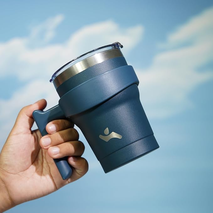 10 oz Tumbler with Handle and 2 Straw 2 Lid, Insulated Water Bottle Stainless Steel Vacuum Cup Reusable Travel Mug, Navy Blue
