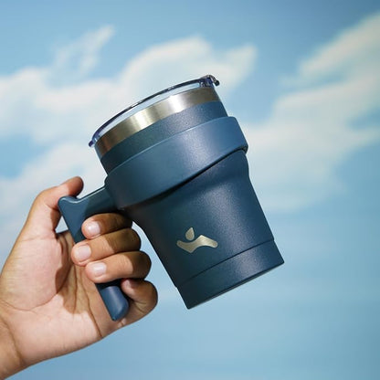 10 oz Tumbler with Handle and 2 Straw 2 Lid, Insulated Water Bottle Stainless Steel Vacuum Cup Reusable Travel Mug, Navy Blue